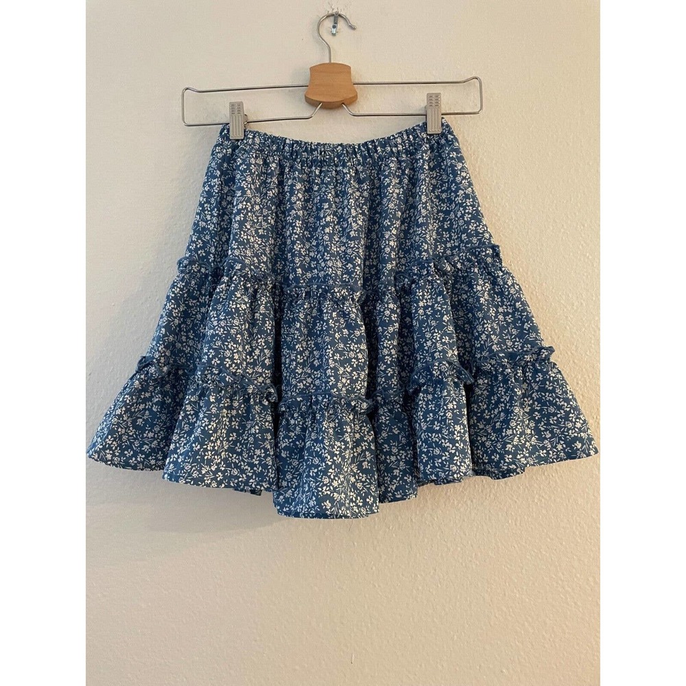 Shein Layered Tiered Blue Ditsy Floral Mini Skirt XS/S Ruffle Frill Trim Boho - Picture 3 of 8